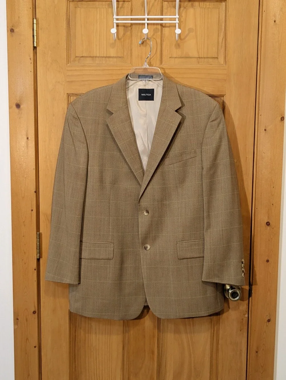 Nautica Blazer 100% Wool Tan Brown Windowpane Sport Coat 44R Classic Career
